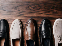 Fileira em chão de madeira com vários tipos de sapatos masculinos.