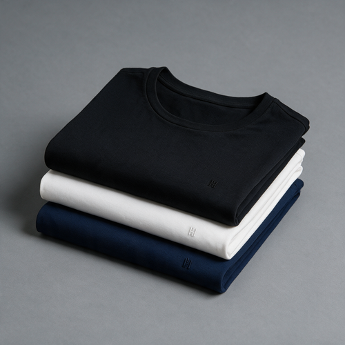 Três camisetas em diferentes cores que fazem parte de um guarda-roupa inteligente masculino. 