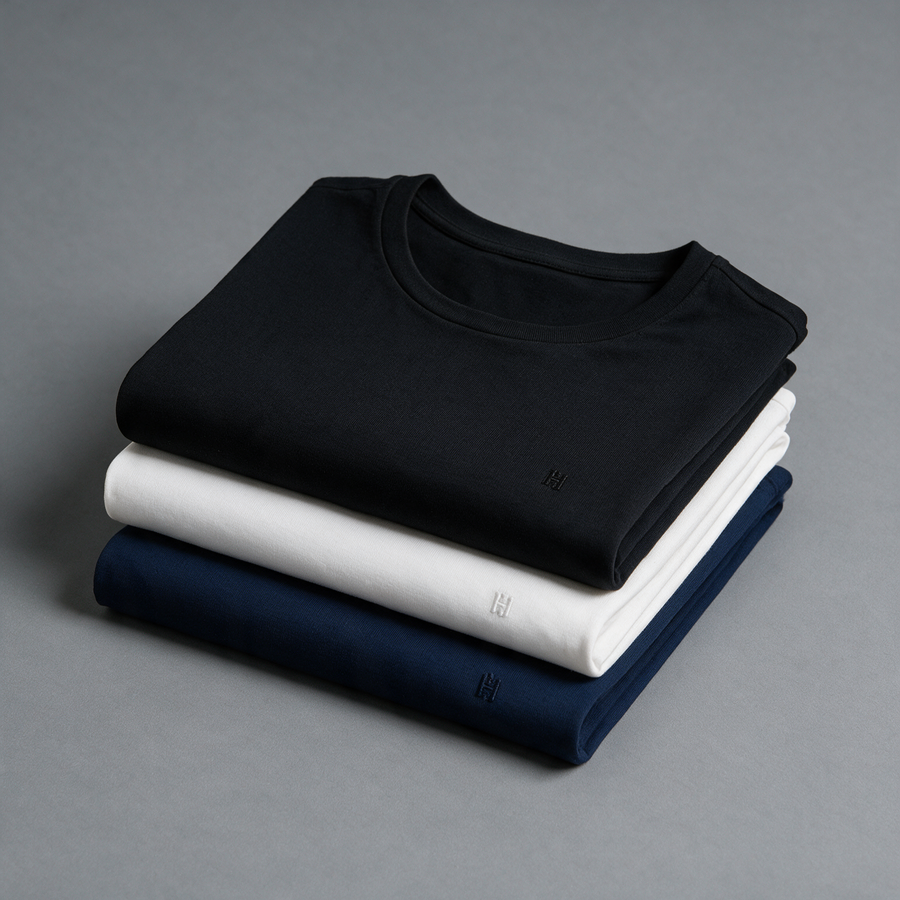 Três camisetas em diferentes cores que fazem parte de um guarda-roupa inteligente masculino. 