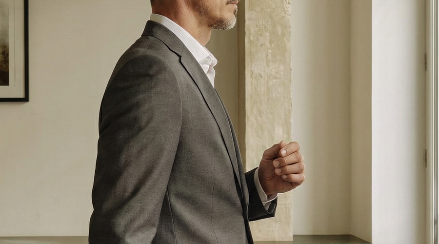 Homem elegante vestindo suas roupas para trabalhar.