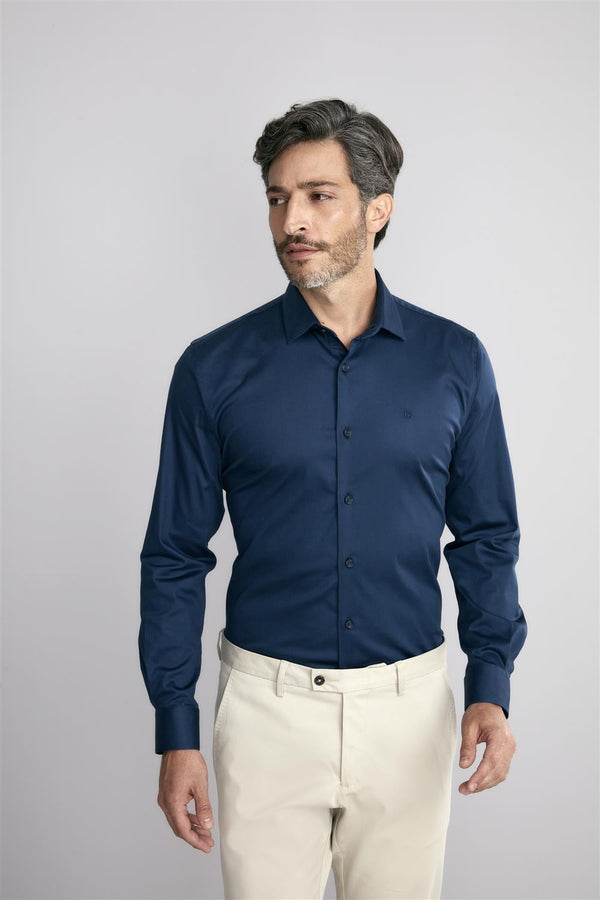 Camisa Lisa Slim Fit - Azul Marinho