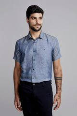 Camisa Manga Curta Lisa Linen Blend Slim Fit - Azul Marinho