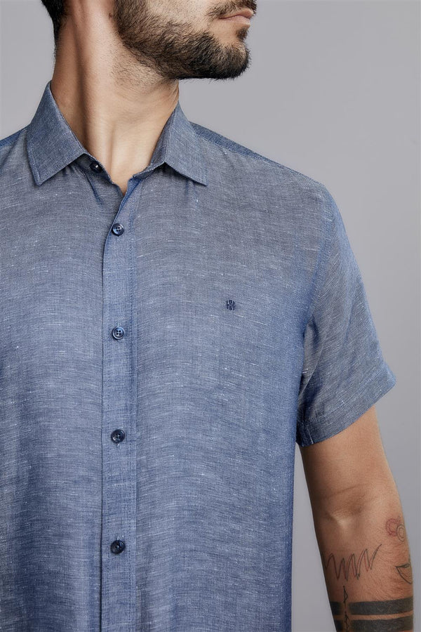 Camisa Manga Curta Lisa Linen Blend Slim Fit - Azul Marinho