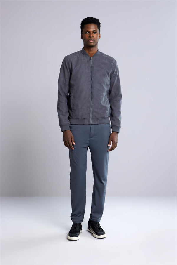 Jaqueta Bomber com Zíper Suede - Cinza Chumbo