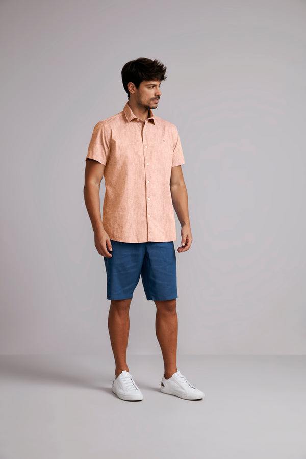 Camisa Manga Curta Lisa Linen Blend Slim Fit - Laranja