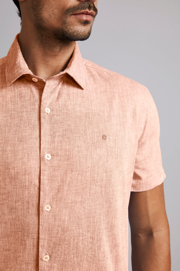 Camisa Manga Curta Lisa Linen Blend Slim Fit - Laranja