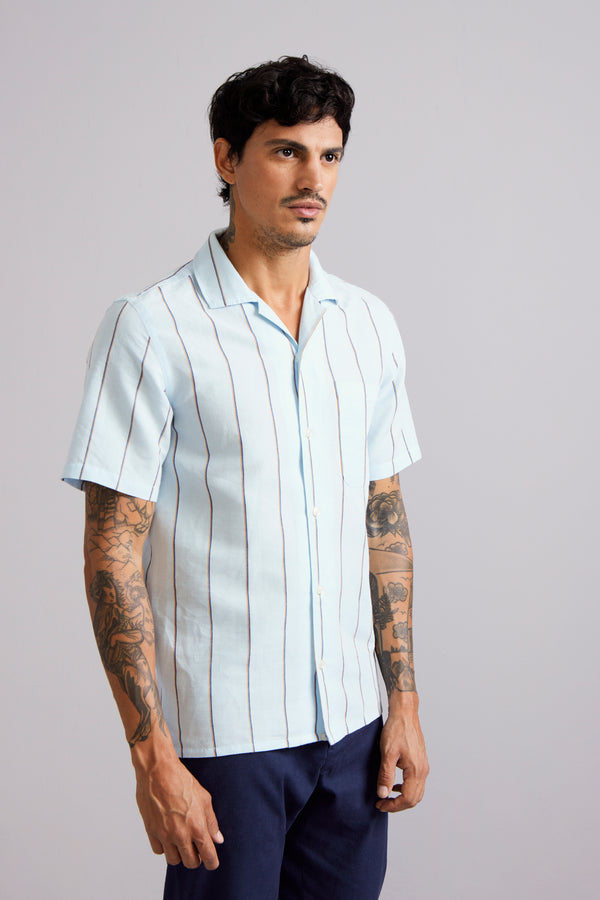 Camisa Manga Curta com Bolso Linen Blend Comfort Listrada - Azul