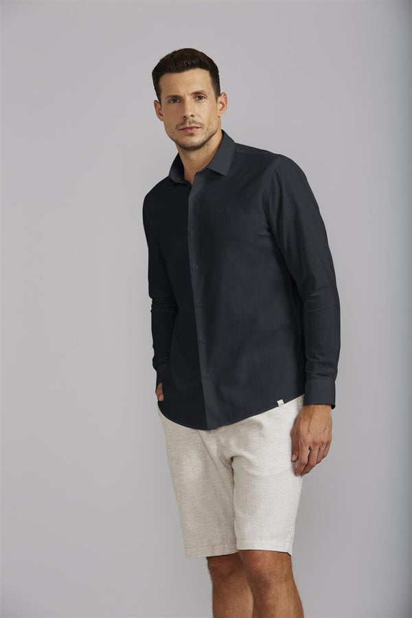 Camisa Lisa Slub Slim Fit - Preto
