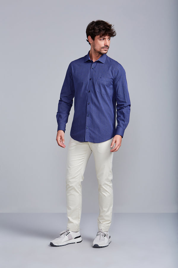 Camisa com Bolso Slim Fit Listrada - Azul Marinho