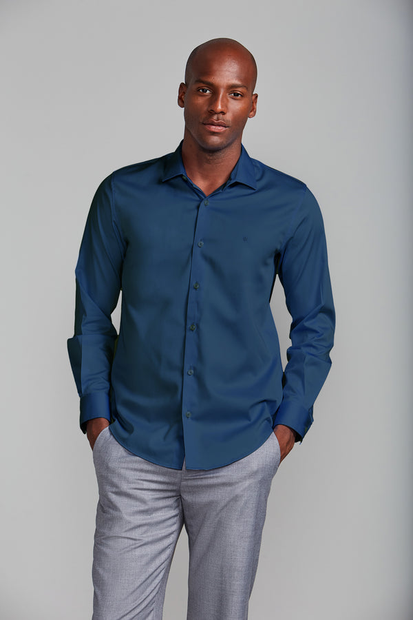Camisa Lisa Slim Fit - Azul Marinho