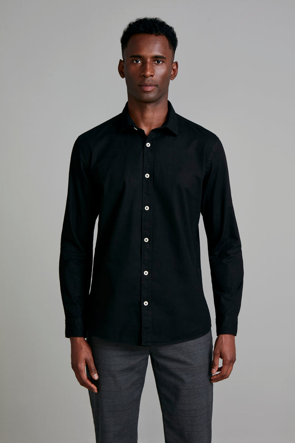 Camisa Lisa Slub Slim Fit - Preto
