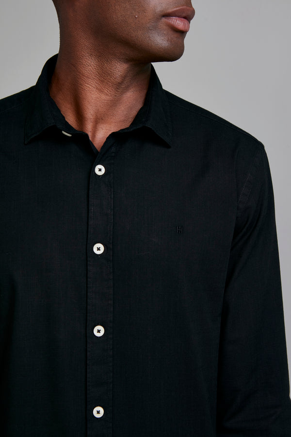 Camisa Lisa Slub Slim Fit - Preto