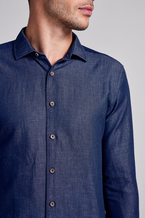 Camisa Lisa Linen Blend Comfort - Azul