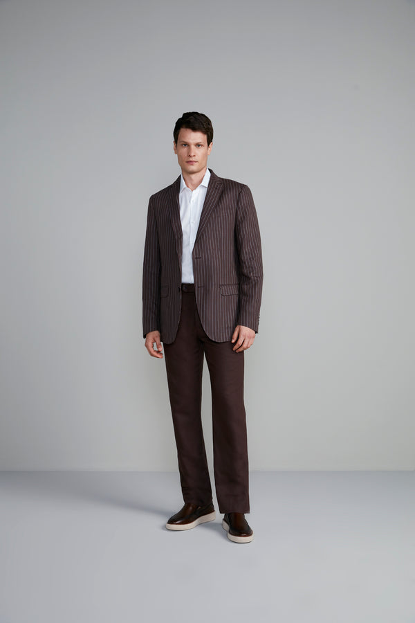 Blazer Alfaiataria Risca de Giz Slim Fit - Marrom