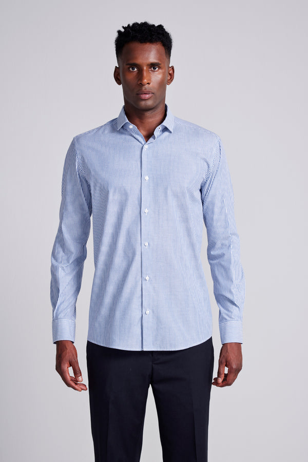 Camisa Social Algodão Egípcio Slim Fit Listrada - Azul Medio