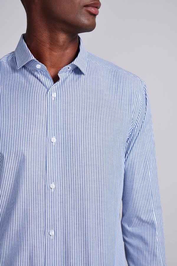 Camisa Social Algodão Egípcio Slim Fit Listrada - Azul Medio