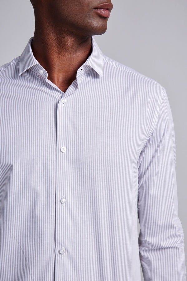 Camisa Social Algodão Egípcio Slim Fit Listrada - Cinza Claro