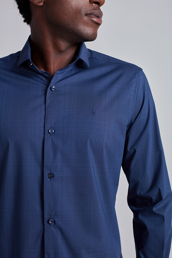 Camisa Tecnocomfy Slim Fit Listrada - Azul Marinho