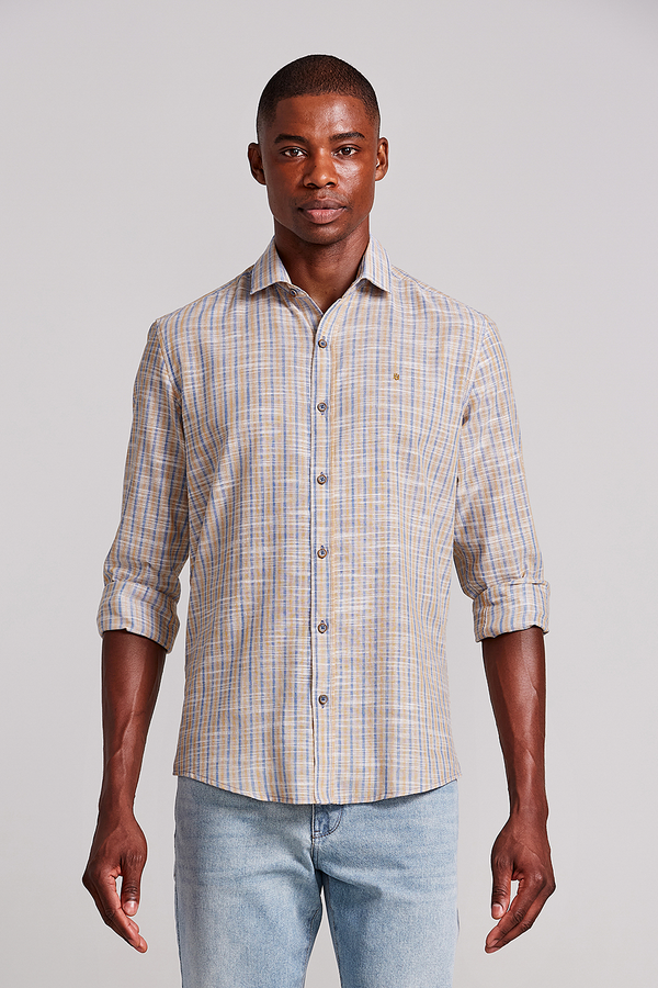 Camisa Slim Fit Listrada - Laranja