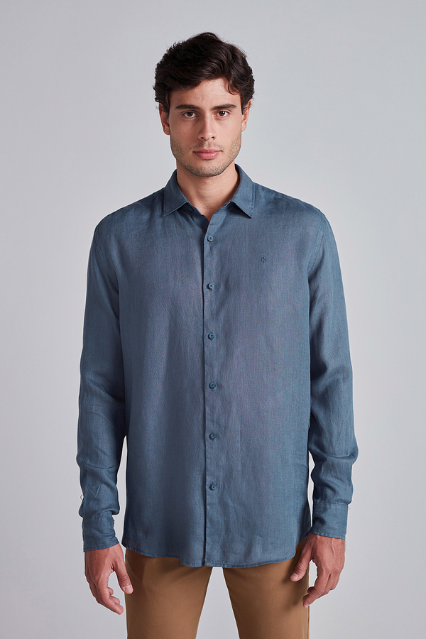 Camisa Lisa Linho Comfort - Azul