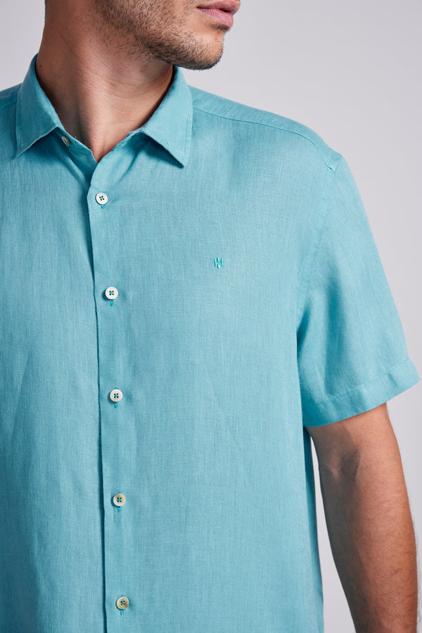 Camisa Manga Curta Lisa Linho Comfort - Azul