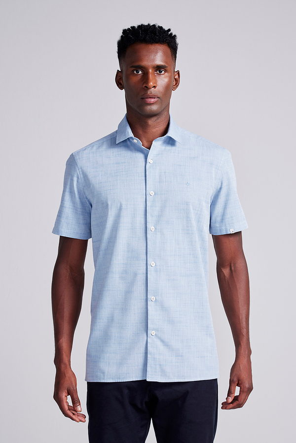 Camisa Manga Curta Lisa Slub Slim Fit - Azul
