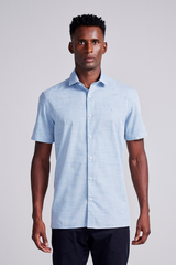 Camisa Manga Curta Lisa Slub Slim Fit - Azul