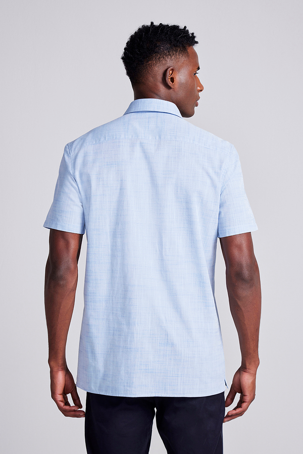 Camisa Manga Curta Lisa Slub Slim Fit - Azul
