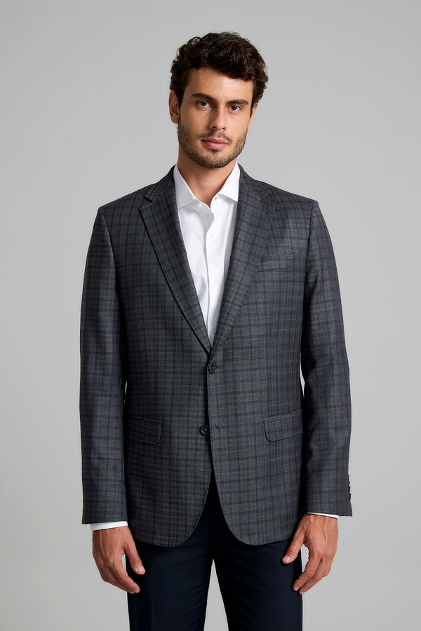 Blazer Slim fit Lã Super 120 Premium Xadrez - Cinza