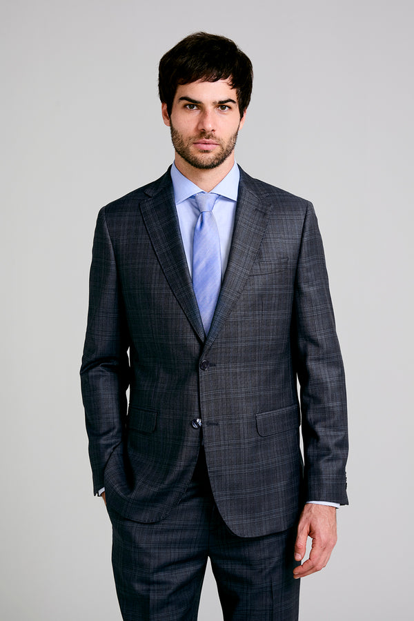 Terno Slim Fit Lã Xadrez - Azul Marinho