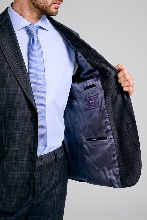 Terno Slim Fit Lã Xadrez - Azul Marinho