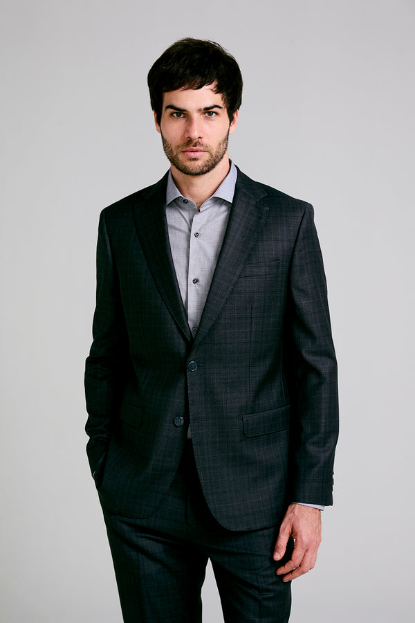 Terno Slim Fit Lã Xadrez - Cinza