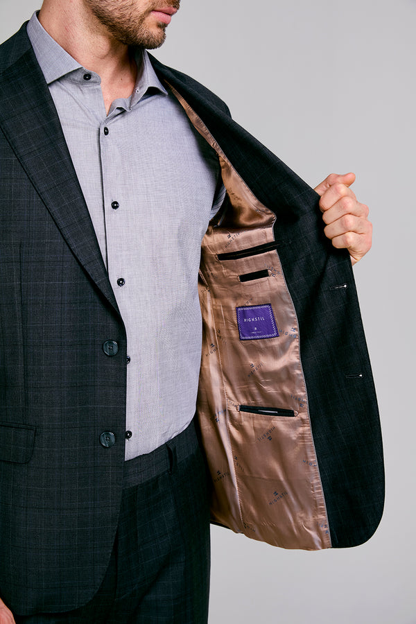 Terno Slim Fit Lã Xadrez - Cinza