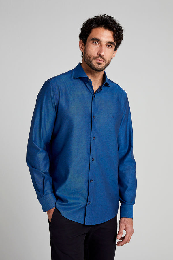 Camisa Lisa em Algodão Egípcio Slim Fit - Azul Marinho