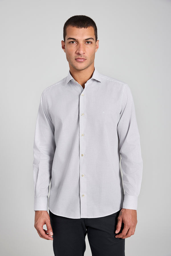 Camisa em Algodão Egípcio Listrada Slim Fit - Cinza