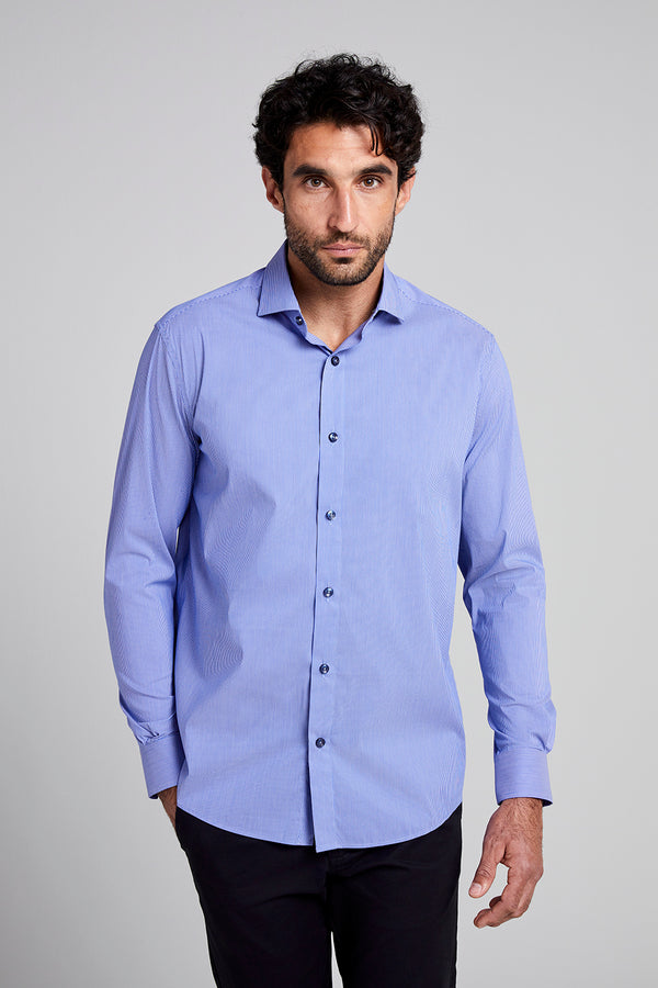 Camisa Listrada Slim Fit - Azul Medio