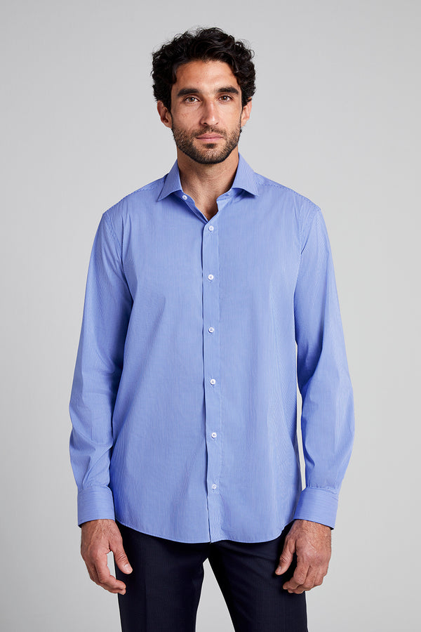 Camisa Social Listrada Slim Fit - Azul Medio