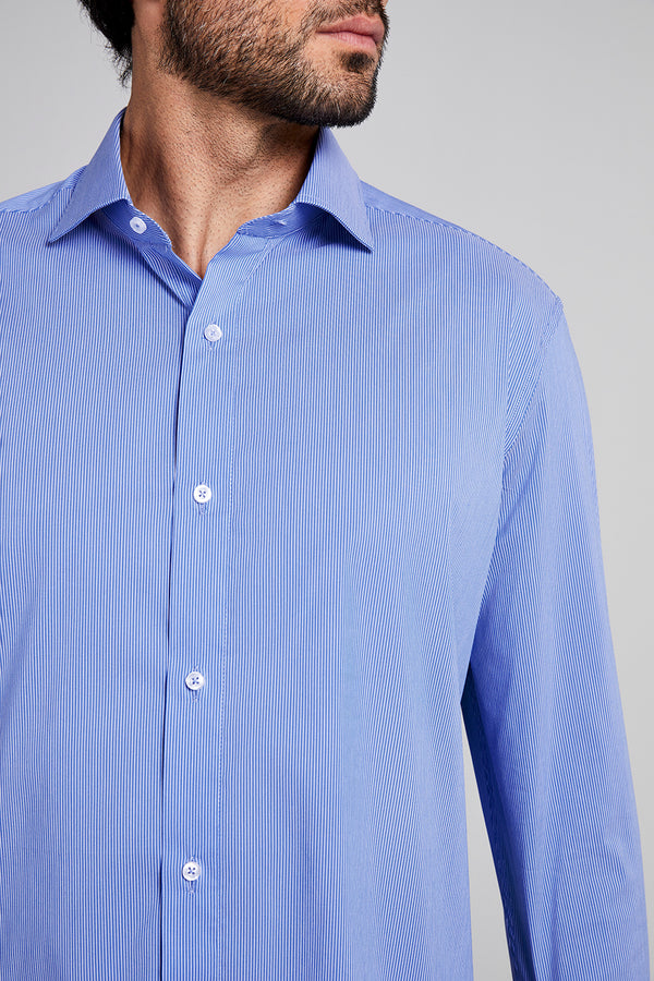 Camisa Social Listrada Slim Fit - Azul Medio
