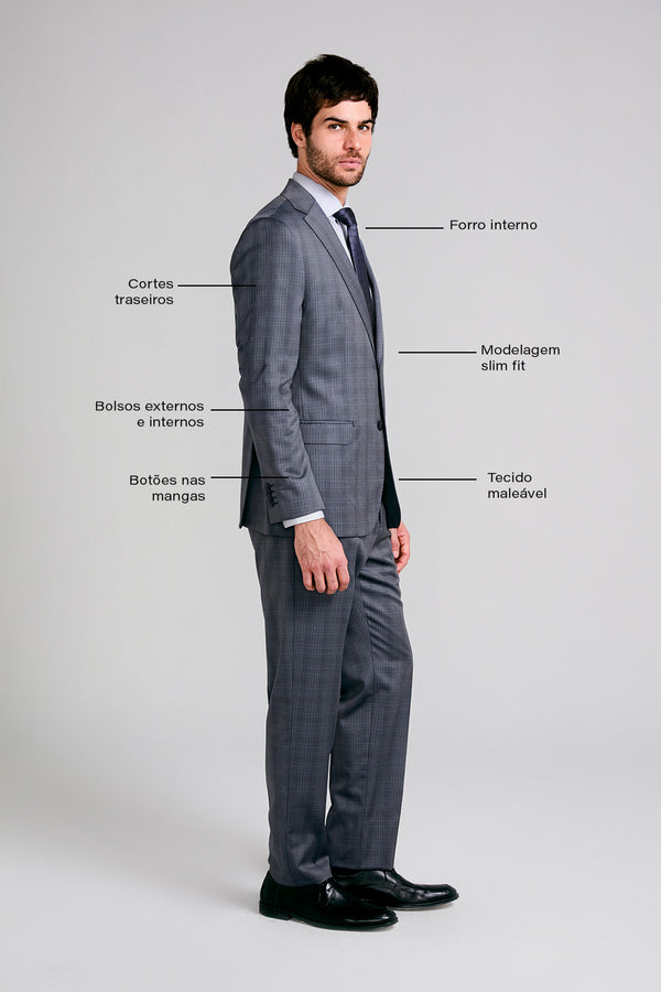 Terno Slim Fit Lã Xadrez - Azul