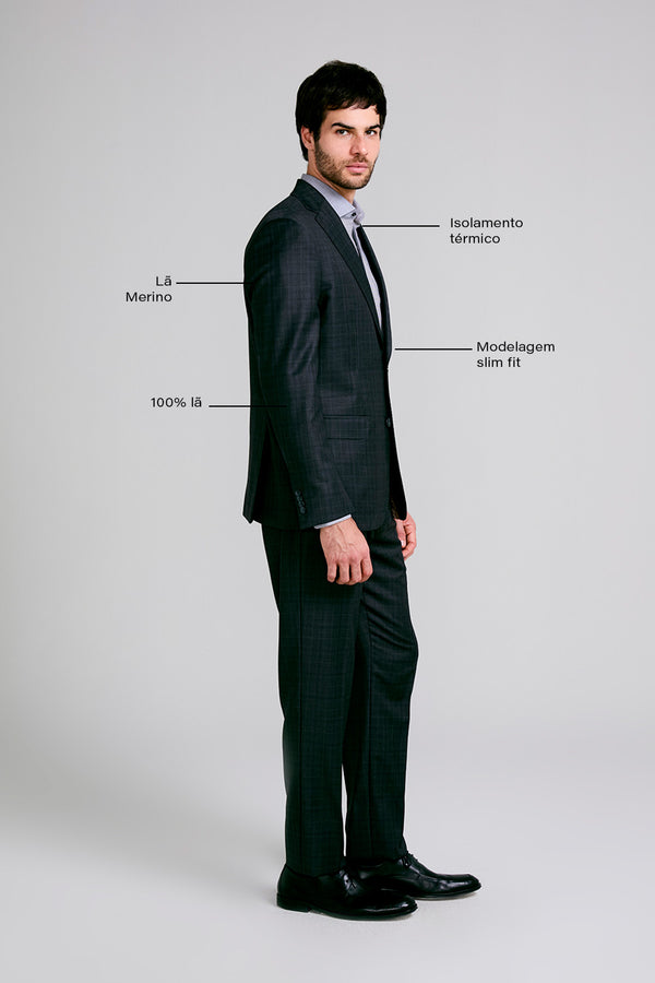 Terno Slim Fit Lã Xadrez - Cinza