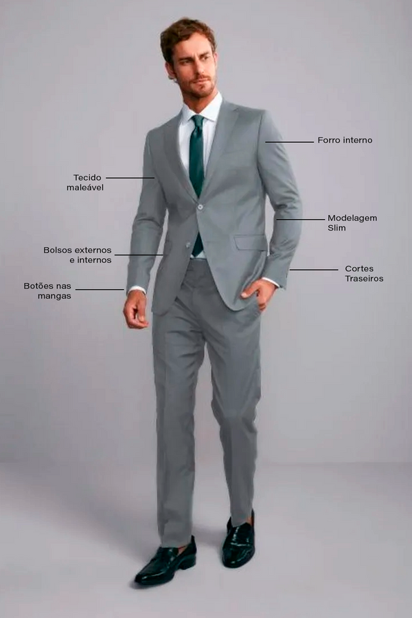 Terno Slim Fit PV Liso - Cinza Claro