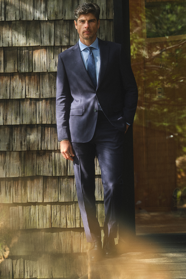 Terno Slim Fit Lã Reda Premium Xadrez - Azul Marinho