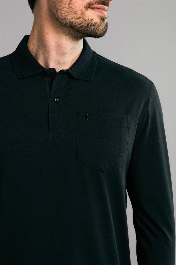 Polo Manga Longa com Bolso Comfort Premium - Preto
