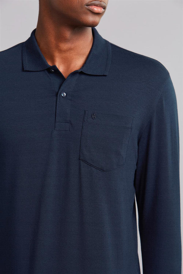Polo Manga Longa com Bolso Comfort Premium - Azul Marinho
