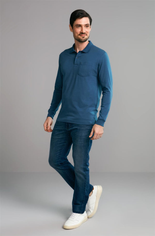 Polo Manga Longa com Bolso Comfort Premium - Azul