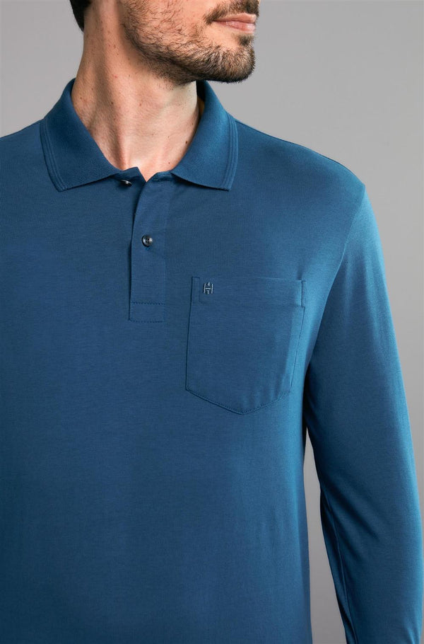 Polo Manga Longa com Bolso Comfort Premium - Azul Noturno