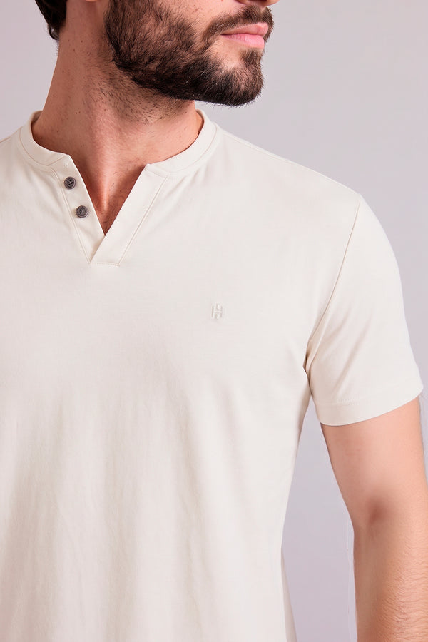 Camiseta Masculina Gola Portuguesa Malha Slim Fit - Branco