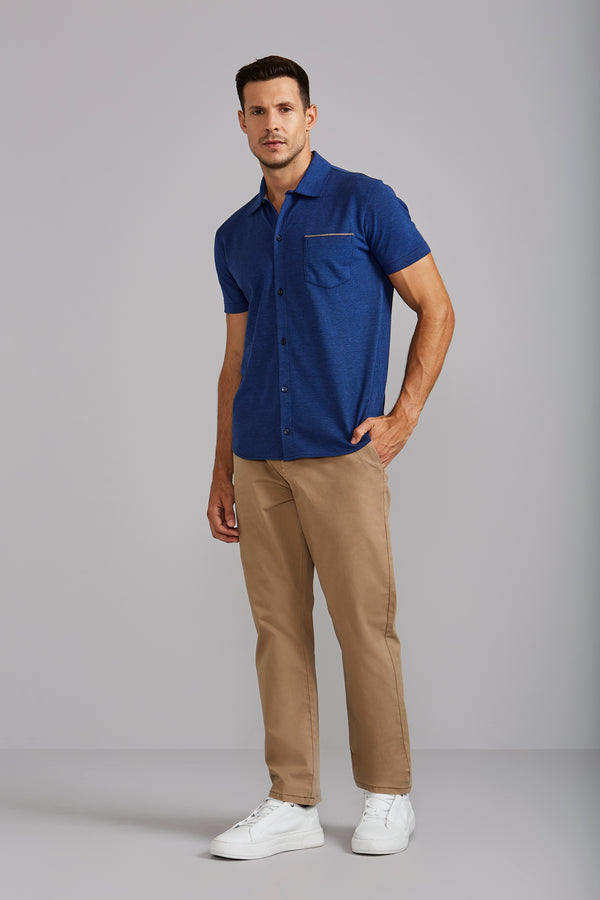 Camisa Manga Curta com Bolso Lisa Piquet Slim Fit - Azul Marinho / Azul Bic