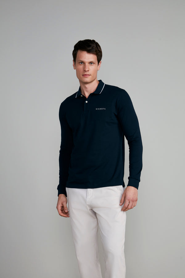 Camisa Polo Manga Longa Malha Slim Fit - Azul Marinho