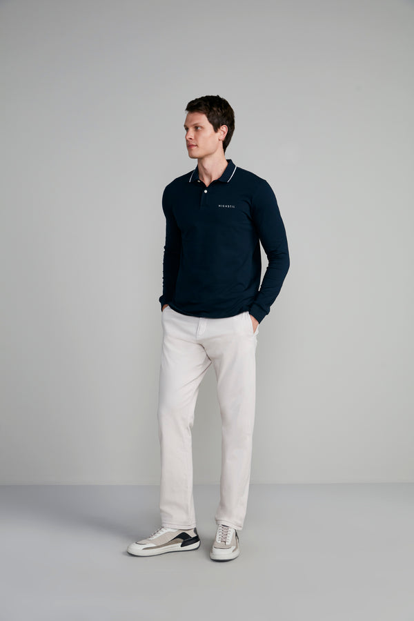 Camisa Polo Manga Longa Malha Slim Fit - Azul Marinho